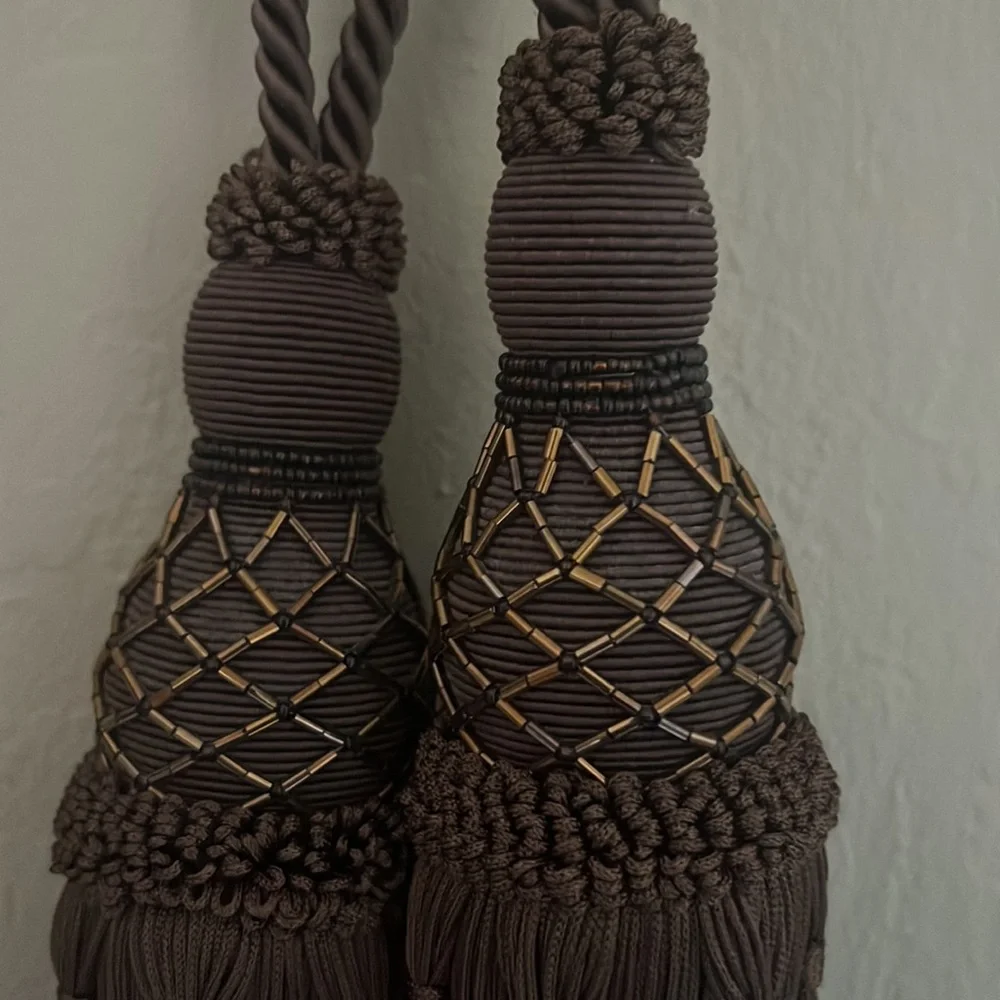 Set of 2 brown curtain tie tassels with copper beads detail approx 24” like new